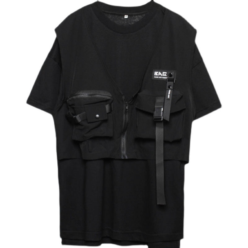 Dark Tactical Vest Fake Two-piece T-shirt Men's Short-sleeved Loose